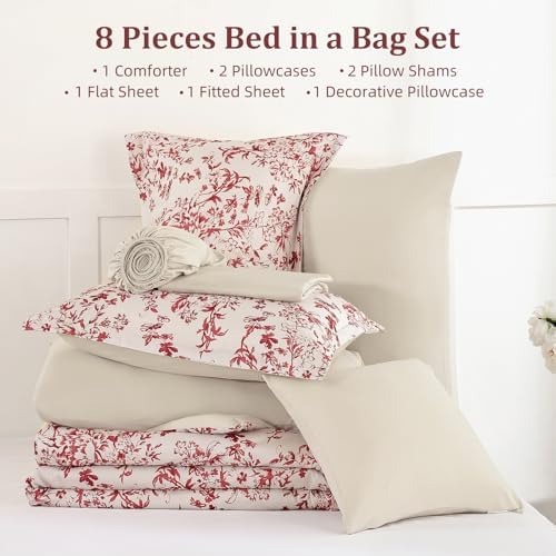 8 Pieces Floral Comforter Set King Size Red Bed in a Bag Bedding Set