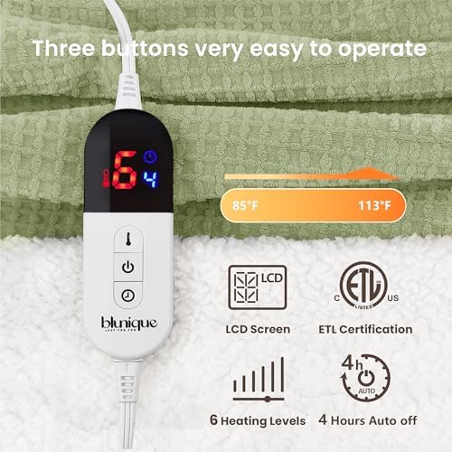 Heated Blanket Electric Throw Waffle, 50x60 Inches Sherpa Fleece Fast Heating Blanket 6 Heating Levels & 4 Hours Auto Off ETL Certification, Sage Throw