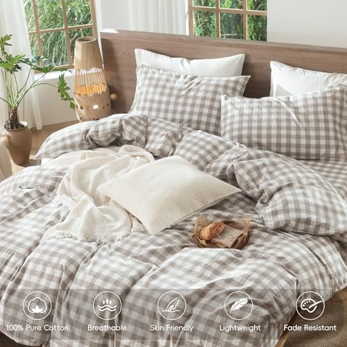 MooMee Gingham Duvet Cover Set 100% Washed Cotton Linen Like