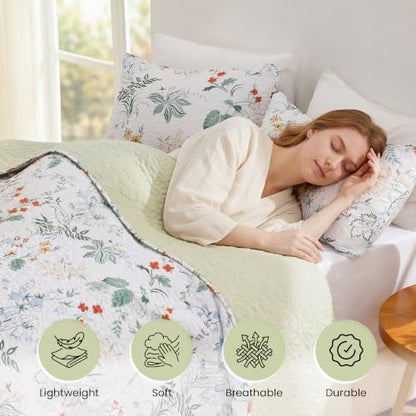 EXQ Home Printed Quilt Set Full Queen Size Green Leaves Bedspread Set