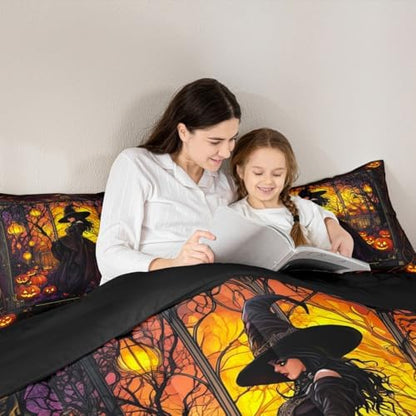 Fairy Witch Kids Comforter Set Full Size,Halloween Pumpkin Lantern Lamp Gothic Retro Bedding Set,Girls Boys Room Decor,Branch Dead Magical Quilt Comforter,Trippy Chic Duvet Insert,2 Pillowcases
