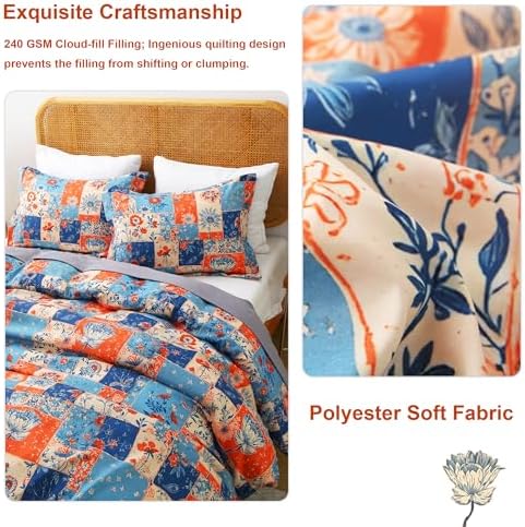 Mooreeke Floral King Size Comforter Sets, Montage Boho Vintage Floral Patterned Bedding for All Seasons, 3-Piece Vintage Bed in a Bag with Fluffy Quilted Reversible Comforter & 2 Pillow Shams