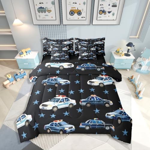 Erosebridal Police Car King Bed in A Bag for Boys, Cartoon Car Comforter Set with Sheets for Kids Teens Youth Men Bedroom, Policeman Vehicle 7 Pieces Bedding Set, Star Black Bed Sets, Microfiber