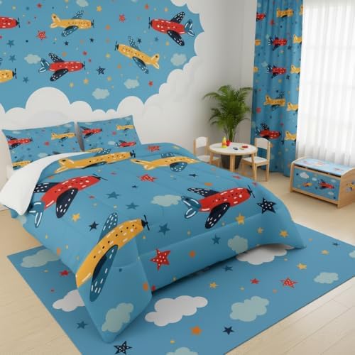 Kids Aeroplane Comforte Set Twin，Blue Airplane Bedding for Boys，Cute Star Quilt Pattern，Cute Bedroom Decor for Kids，1 Comforter 2 Pillow Cases