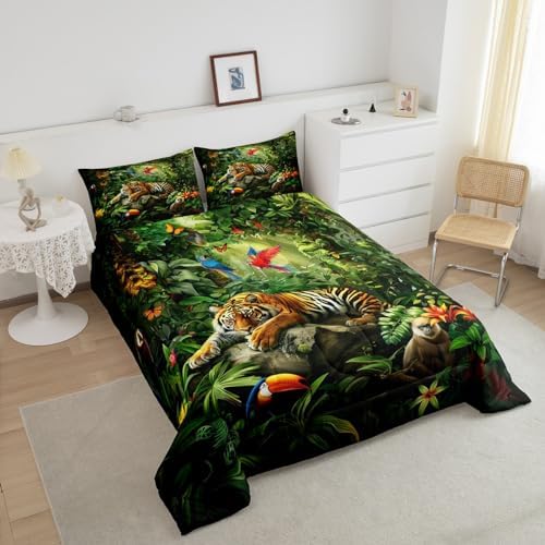 3D Tiger Comforter Set Queen Size,Monkey Parrot Wild Animals Bedding Set,Tropical Palm Tree Jungle Quilt Set for Kids Boys Girls Adult Bedroom Decor,Nature Wildlife Theme Duvet Insert,2 Pillowcases