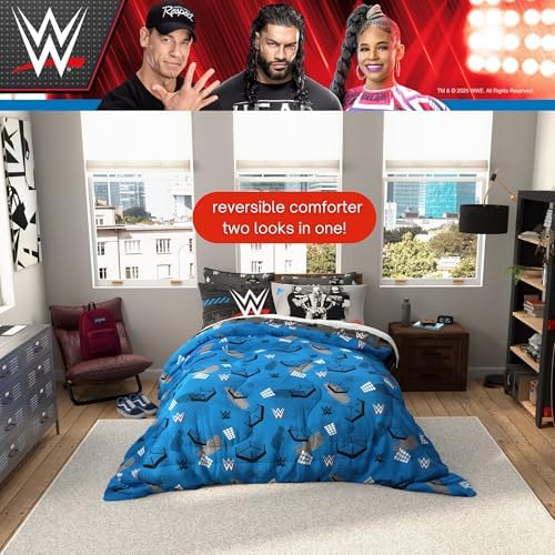 WWE Wrestling Bedding Set, Full Size 7 Piece Set Super Soft Cozy Reversible Comforter and Sheet Set with Sham, (100% Officially Licensed Product) by Franco