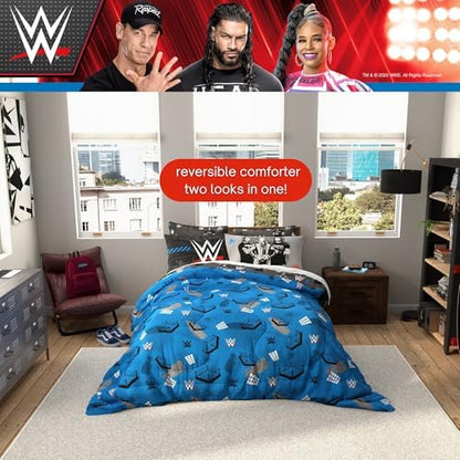WWE Wrestling Bedding Set, Queen Size 7 Piece Set Super Soft Cozy Reversible Comforter and Sheet Set with Sham, (100% Officially Licensed Product) by Franco