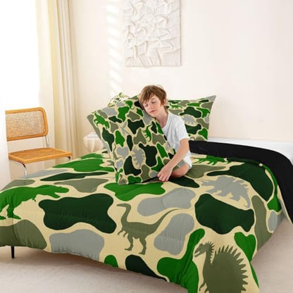 Feelyou Green Dinosaur Comforter Set All Season Camouflage Bedding Set with 1 Pillow Cases Green Camo Dino Microfiber Kids Twin Bedclothes Bedroom Decor Duvet Quilt Breathable Soft Lightweight