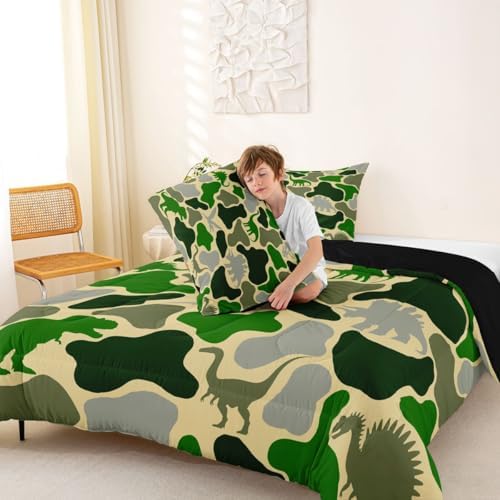 Feelyou Green Dinosaur Comforter Set All Season Camouflage Bedding Set with 2 Pillow Cases Green Camo Dino Microfiber Kids Queen Bedclothes Bedroom Decor Duvet Quilt Breathable Soft Lightweight