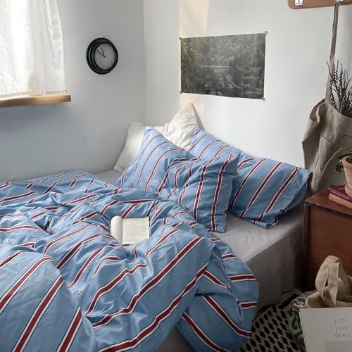 mixinni Vintage Blue & Red Striped Comforter Set King Size - Soft Cotton 3-Piece Bedding Set (1 Comforter + 2 Pillowcases), Retro Geometric Stripes Pattern, All-Season Lightweight & Breathable