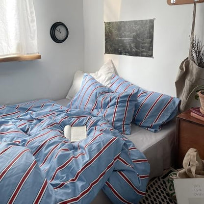 mixinni Vintage Blue & Red Striped Comforter Set King Size - Soft Cotton 3-Piece Bedding Set (1 Comforter + 2 Pillowcases), Retro Geometric Stripes Pattern, All-Season Lightweight & Breathable
