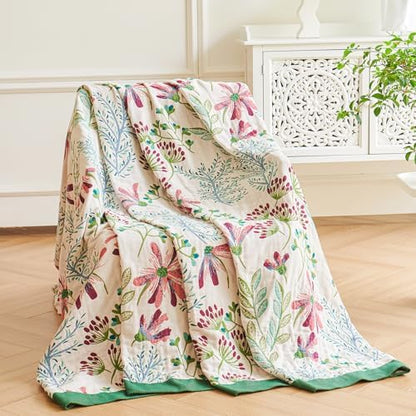 VANJOROY Boho Throw Blanket, 100% Organic Cotton Breathable Ultra Soft 50" x 60" Bed Quilt Throw - All Season Floral Rustic Farmhouse Decor Luxury Reversible Blanket for Sofa Couch Chair and Gift