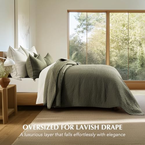 EVERGRACEHOME Cotton Sateen Quilt Set, Oversized Cal King, Olive Green