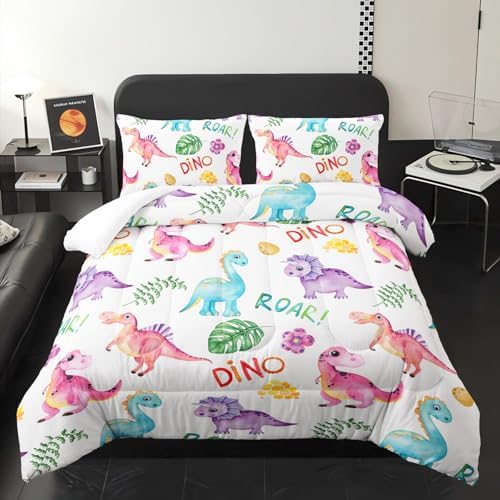 Cartoon Dinosaur Comforter Set Twin 3Pc Kawaii Dinosaur Bedding Set All Season with Tree, Leaf Decoration Includes 1 Comforter, 2 Pillowcases for Kids Girls Teens