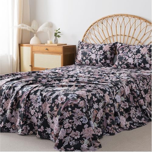 FADFAY Queen Sheet Set,4-Piece 100% Cotton, Vintage Black Floral & Bird Print Bedding, Deep Pocket Fitted Sheet, Soft & Breathable for All Seasons