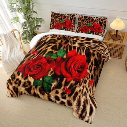 Red Rose and Leopard Print Comforter Set King (1 Comforter,2 Pillowcases),Rose Flower Cheetah Pattern Bedding Set for Boys Girls,Soft Microfiber Floral Quilt Set,Bedroom Decor,All Season