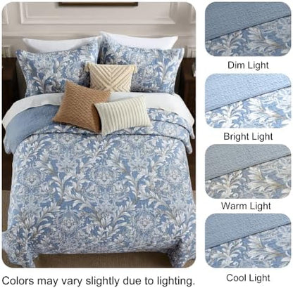 King Size Quilt Set - Dusty Blue and Gray Quilt Set King, 100% Cotton Floral Bedspread Set 3 Piece, Classic Damask Bedspread, Reversible Lightweight Quilt Bedding Set