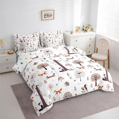 Feelyou Wild Animal 7 Piece Bedding Set Fox Squirrel Owl Comforter Set with Sheets for Kids Boys Girls White Brown Bed in a Bag Cute Animal Bed Set Soft Lightweight
