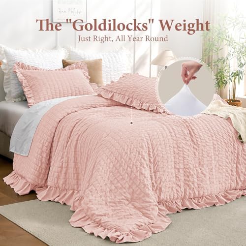 JOLLYVOGUE Rose Gold Queen Comforter Set, 3 Pieces Seersucker Comforters Queen Size, Lightweight & Fluffy Bedding Sets for All Season with 1 Ruffle Comforter and 2 Ruffle Pillowshams