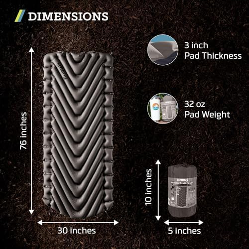 Klymit Static V Luxe Sleeping Pad, Lightweight Lofted Camping Air Mattress for Tents and Cars with Body Mapping Tech, 3 In Thick Grey