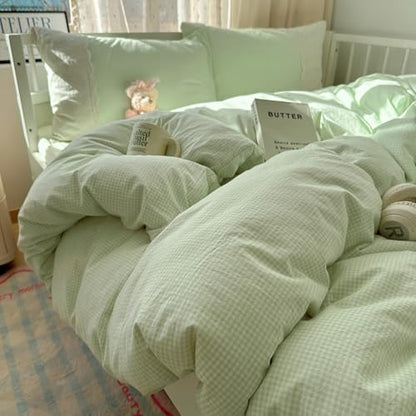 LifeTB Green Gingham Comforter Set Queen Romantic Lace Style Checkered Pattern Comforter Set Farmhouse Green Grid Plaid Bedding Comforter Lightweight Fluffy Soft Gingham Bedding Set Queen Size