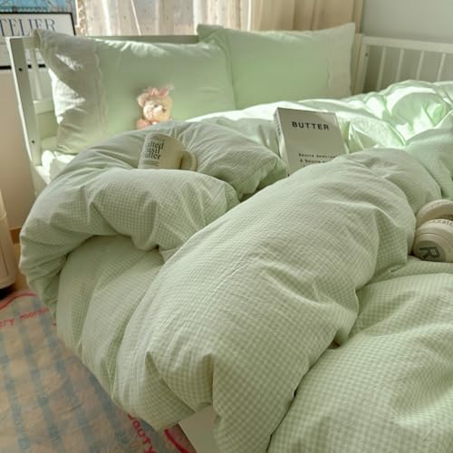 LifeTB Green Gingham Comforter Set King Romantic Lace Style Vintage Checkered Plaid Comforter Set 3 Pieces Green Grid Comforter with 2 Pillowcases Soft Fluffy Farmhouse Gingham Bedding Set King
