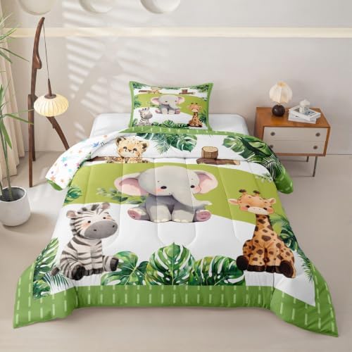 Feelyou Cartoon Animals Comforter Set Twin Size Cute Elephant Zebra Leopard Giraffe Bedding Set for Kids Boys Girls Palm Leaves Duvet Quilt Bedroom Decor Microfiber 2 Pcs with 1 Pillow Case