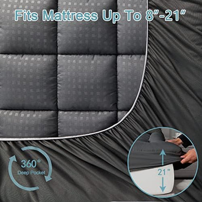HYLEORY Twin XL Mattress Pad Quilted Fitted Mattress Protector Cooling Pillow Top Mattress Cover Breathable Fluffy Soft Mattress Topper with 8-21" Deep Pocket, Dark Grey