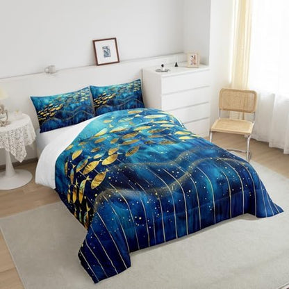 Homewish Gold Fish Silhouette Bedding Set Full Size,Blue Watercolor Comforter Set 3Pcs for Kids Girls Boys Teens Room Decor,Vintage Abstract Art Quilt Set Luxury Stripes Duvet Insert,2 Pillowcases