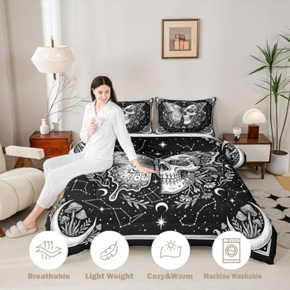 Butterfly Skull Bedding Set King,White Wild Mushroom Plant Skeleton Comforter Set with 2 Pillowcases,Floral Starry Moon Bed Quilt,Gothic Aesthetic Quilt Sets Home Decor,Women Men Birthday Gift