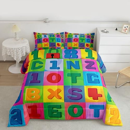 jejeloiu Number Learning Comforter Set Queen Size Alphabet ABC Bedding Set for Kids Boys Girls Colorful Educational Duvet Quilt Bedroom Decor Microfiber 3 Pcs with 2 Pillow Cases