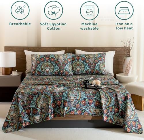 QSH Boho Sheets King Size - 100% Egyptian Cotton Bohemian Patterned Sheets Printed Bedding King Size Bed Sheets 17.5" Extra Deep Pocket 4pcs