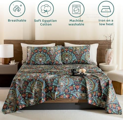 QSH Boho Bed Sheets Queen Size - Bohemian Western Bedding 100% Egyptian Cotton Pattern Sheets Queen Size Bed 4pcs Deep Pockets Bed Sheets
