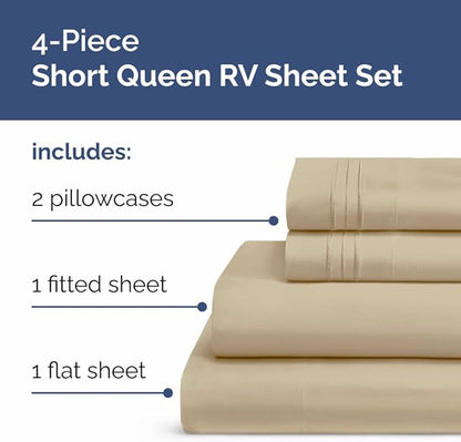 RV Short Queen Sheet Set 60 X 75 - 4 Piece RV Short Queen Bed Sheets - Soft, Breathable & Cooling - Designed for Bunks, Trailers and Campers - Fits 8” to 12" Mattress - Hotel Luxury Bedding - Beige