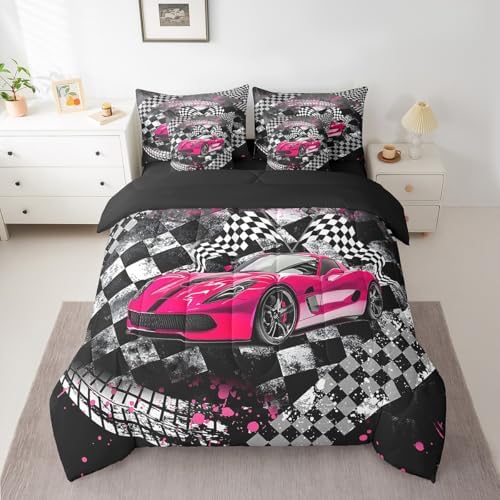 Castle Fairy Racing 7 Pieces Bedding Set King Bed in a Bag,Car Sport Comforter Set with Comforter,Flat,Fitted Sheet,Pillowcases,Pillow Covers,Abstract Geometric Checker Soft Warm Microfiber Bedding
