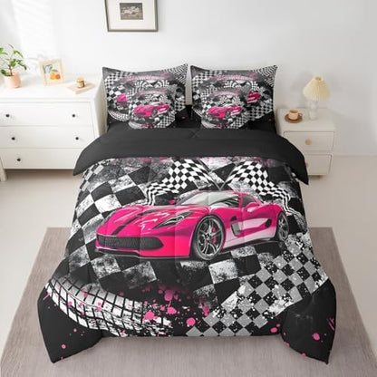 Castle Fairy Racing 7 Pieces Bedding Set Full Bed in a Bag,Car Sport Comforter Set with Comforter,Flat,Fitted Sheet,Pillowcases,Pillow Covers,Abstract Geometric Checker Soft Warm Microfiber Bedding