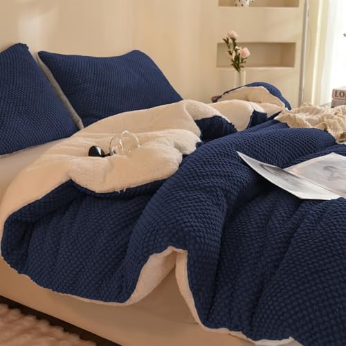 LLanCL 3D Jacquard Design Comforter Set, Ultra-Soft Warm Twin Size Sherpa Fur Plush 2-Pieces Sets Luxury Cozy Bedding with 1 Pillowcase (68"x90", Navy Blue)
