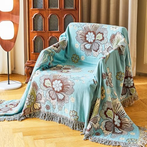 VANJOROY King Boho Throw Blanket 91" x 98", 100% Organic Cotton Breathable Skin-Friendly Ultra Soft Bed Quilt Blue Throw - Floral Rustic Decor Luxury Reversible Blanket for Sofa Couch Chair and Gift
