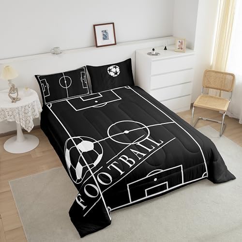 Boys Bedding Twin Football Comforter Set, Kids Ball Gaming Bedding Comforter Sets Teens Soccer Duvet Insert, Black Football Field Down Comforter, Black Reversible 3pcs 1 Comforter + 2 Pillow Case