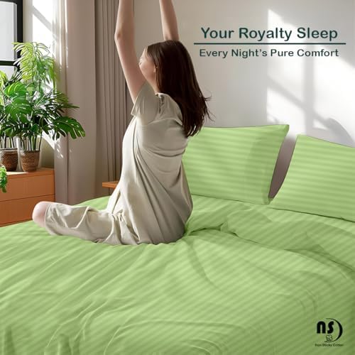 NON Sticky cotton King 4 Piece Sheet Set, 100% Long Staple Cotton, Soft Cooling Hotel Luxury Bedding Sheets, Deep Pocket Fits 10" to 18" Mattress, 78" x 80", Sage Stripe