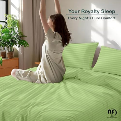 NON Sticky cotton King 4 Piece Sheet Set, 100% Long Staple Cotton, Soft Cooling Hotel Luxury Bedding Sheets, Deep Pocket Fits 10" to 18" Mattress, 78" x 80", Sage Stripe