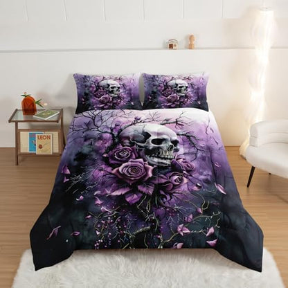 HOSIMA Floral Death Skull Queen Bedding Sets for Women with 2 Pillowcases.