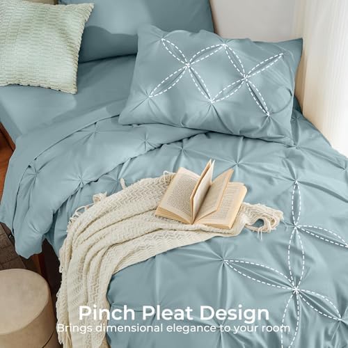 Sasttie Twin XL Comforter Set, 5-Piece Bed in a Bag, Pintuck Bedding Sets for All Season, Includes Comforter, Flat Sheet, Fitted Sheet, Pillowcase and Pillowsham, Greylish Blue