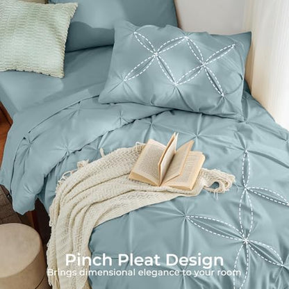 Sasttie Twin XL Comforter Set, 5-Piece Bed in a Bag, Pintuck Bedding Sets for All Season, Includes Comforter, Flat Sheet, Fitted Sheet, Pillowcase and Pillowsham, Greylish Blue