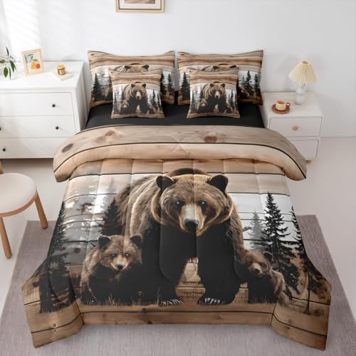 Erosebridal Cute Bear Family Full Comforter Set with Sheets 7 Piece Country Brown Bear Bed in A Bag Wild Hunt Animals Bedding Sets for Women Adults Rustic Wooden Board Cabin Bed Set Farmhouse Decor