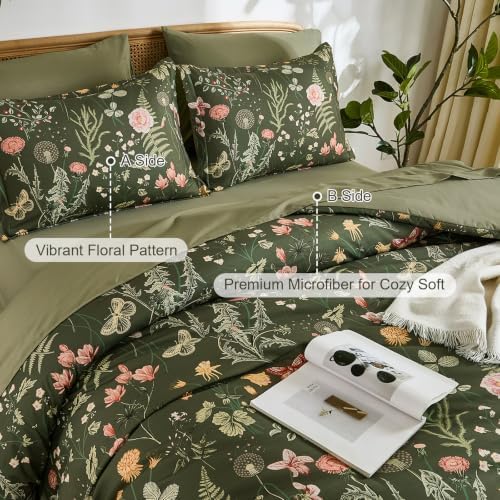 Yiran Queen Comforter Set Olive Green, Floral Bedding Set 7 Piece Bed in a Bag with Botanical Flowers Summer Soft Lightweight Complete Comforters with Sheets for All Season