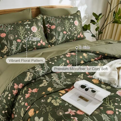 Yiran Queen Comforter Set Olive Green, Floral Bedding Set 7 Piece Bed in a Bag with Botanical Flowers Summer Soft Lightweight Complete Comforters with Sheets for All Season