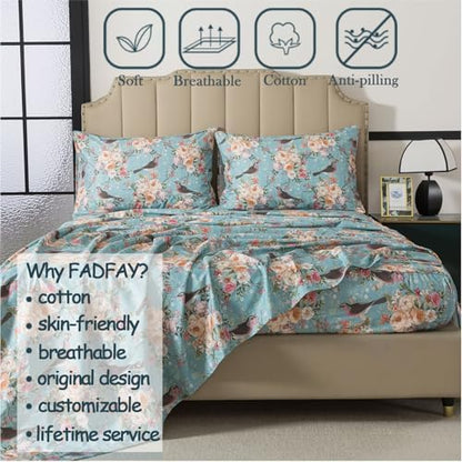 FADFAY 100% Cotton King Size Sheet Set, Floral Bird Bed Sheets 4Pcs, Green