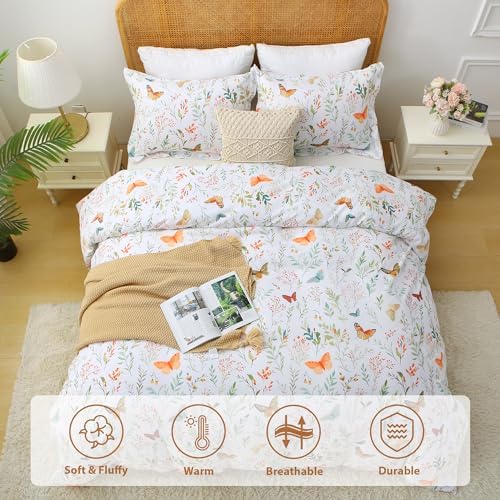 Mooreeke Floral Full Size Comforter Sets, Butterfly and Botanical Patterned Bedding for All Seasons, 3-Piece Vintage Bed in a Bag with Fluffy Quilted Reversible Comforter & 2 Pillow Shams