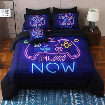 JQinHome Twin Gamer Comforter Set 6 Piece Bed in A Bag for Boys,3D Neon Light Up Design for Classic Console -All Season Soft Microfiber Down Alternative Comforter Gamer Bedding Sets for Kids (Purple)
